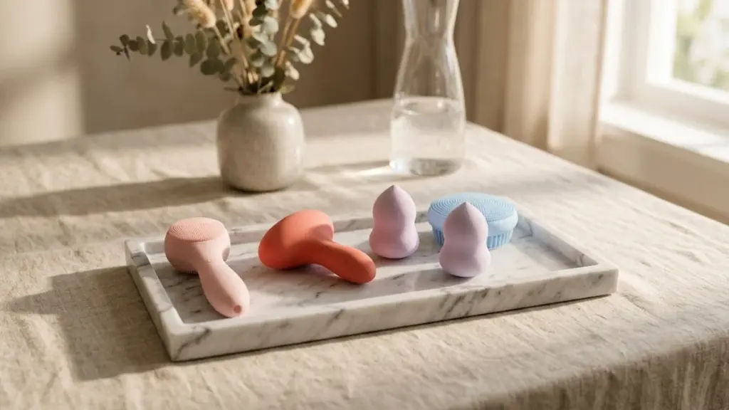 Selección de juguetes de bienestar sexual en tonos pastel sobre bandeja de mármol