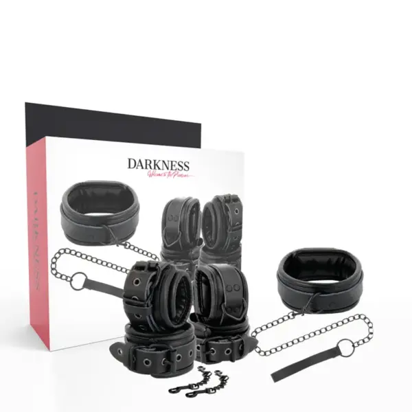 Darkness - Esposas y collar de cuero negro para juegos BDSM