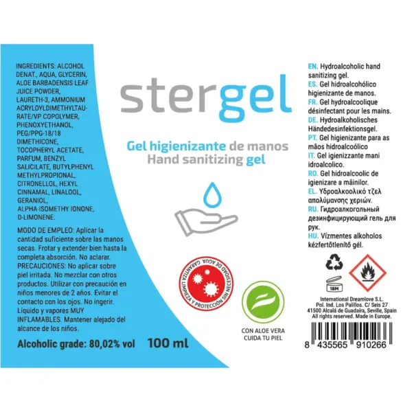 STERGEL - Gel Hidroalcohólico Higienizante de Manos Aloe Vera 100ml - Imagen 3