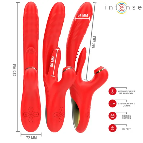 INTENSE - Vibrador multifunción KAROL con empuje, estimulación y succión rojo - Imagen 2