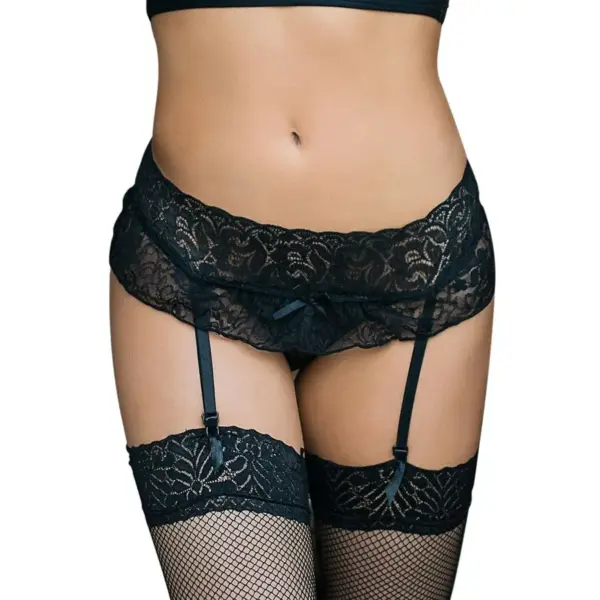 Queen Lingerie - Liguero y Tanga Diseño Floral Negro S/M