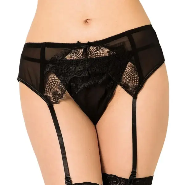 Queen Lingerie - Tanga con liguero de encajes negro S/M