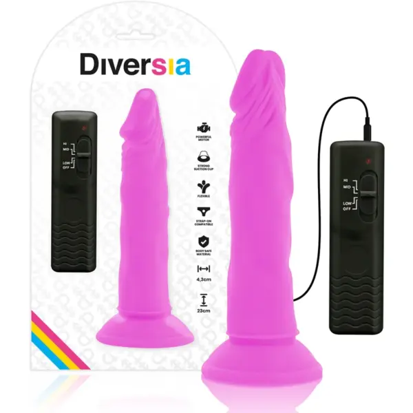 DIVERSIA - Dildo Flexible con Vibración Lila de 23 cm y 4.3 cm de Diámetro