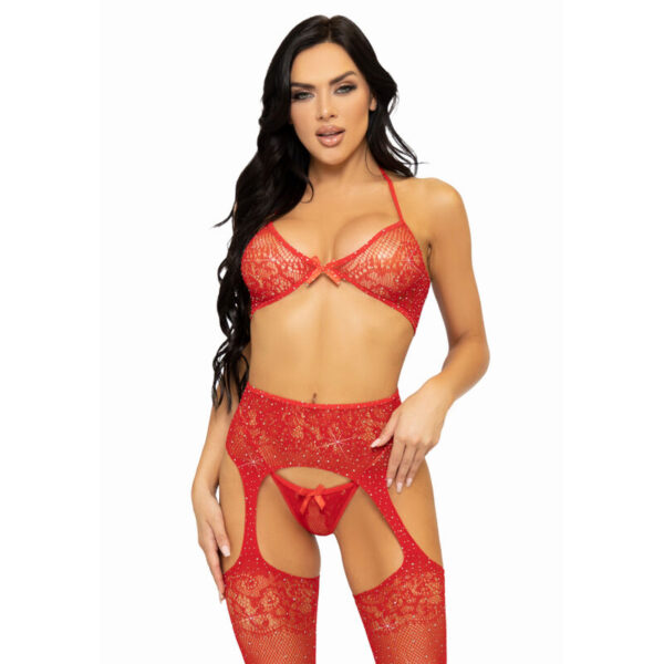 LEG AVENUE - Set tres piezas sujetador, tanga y medias talla única - Rojo