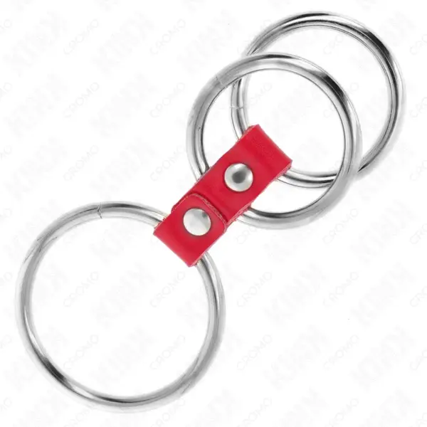 KINK - Anillo Pene Triple Metal 3.7 cm a 5 cm Conectados con Cuero Rojo - Imagen 3