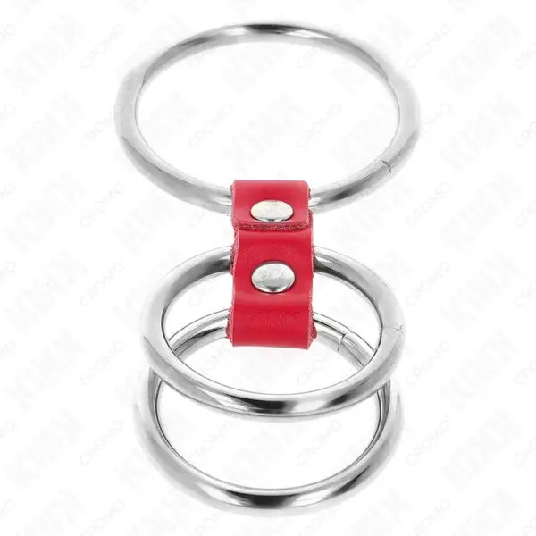 KINK - Anillo Pene Triple Metal 3.7 cm a 5 cm Conectados con Cuero Rojo - Imagen 4