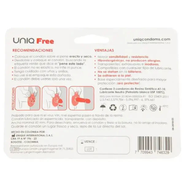 UNIQ - FREE PRESERVATIVOS CON ARO PROTECTOR SIN LATEX 3 UNIDADES - Imagen 2