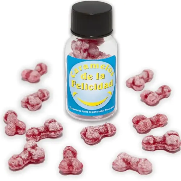 Diablo Picante - Bote de 12 Caramelos de la Felicidad en Forma de Pene Sabor Fresa/Cereza