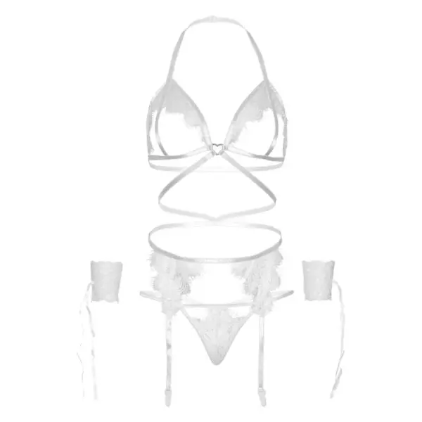 Leg Avenue - Set cuatro piezas sujetador, liguero, tanga y puños talla única - Blanco - Imagen 5