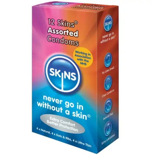 SKINS - Preservativos Natural + Fino + Puntos y Estrías 12 Uds para Placer Seguro