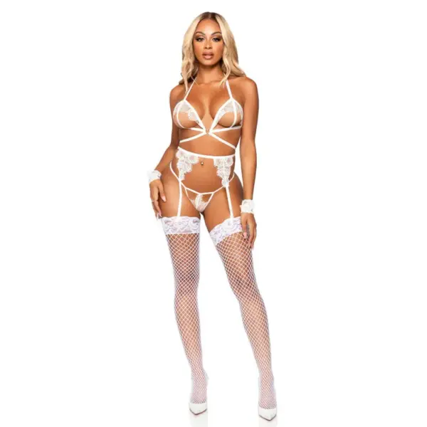 LEG AVENUE - Set Cuatro Piezas Sujetador, Ligüero, Tanga y Puños Talla Única - Blanco - Imagen 4