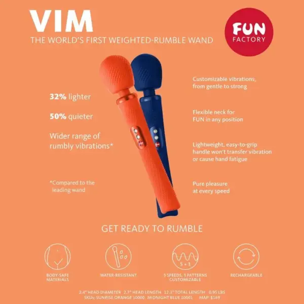 FUN FACTORY - VIM WAND RUMBLE Vibrador Recargable Silicona Naranja - Imagen 6