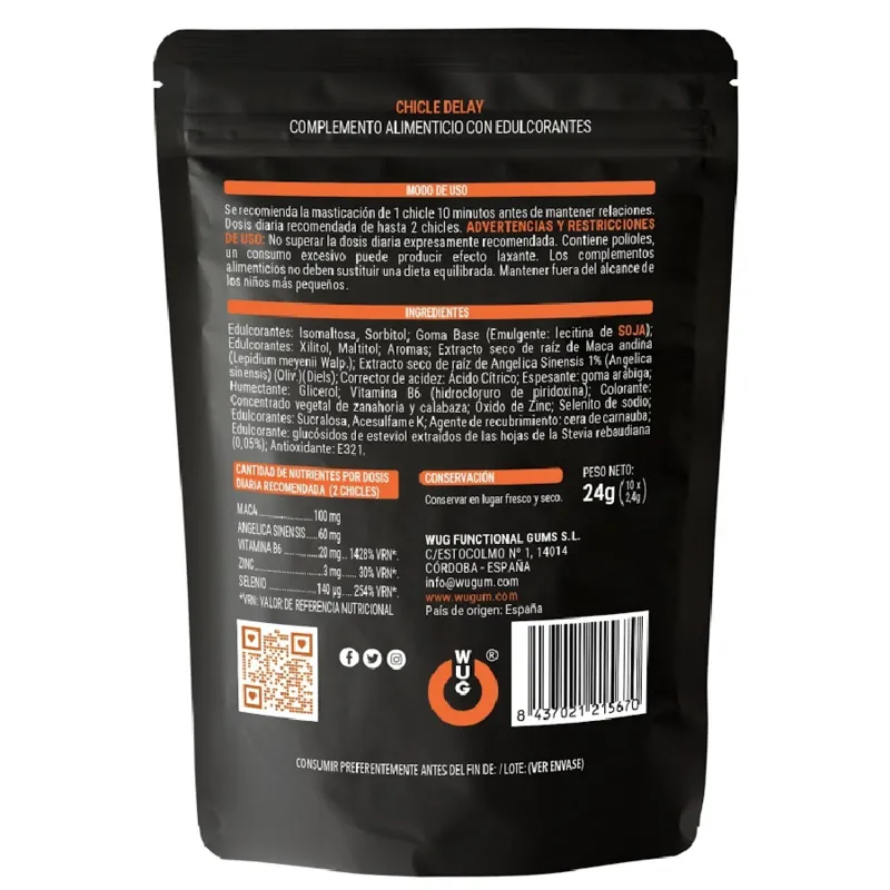 WUG DELAY – Chicle funcional con Zinc, Selenio y Vitamina B6 para mayor control y resistencia en los momentos íntimos - Imagen 2