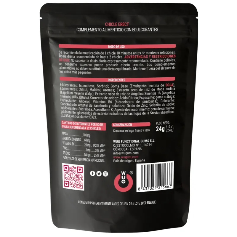 WUG ERECT – Chicle funcional con Maca, Zinc y Vitaminas para rendimiento masculino - Imagen 2