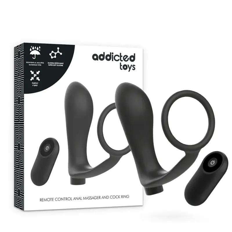 ADDICTED TOYS - Anilla Pene con Plug Anal Control Remoto Negro Recargable