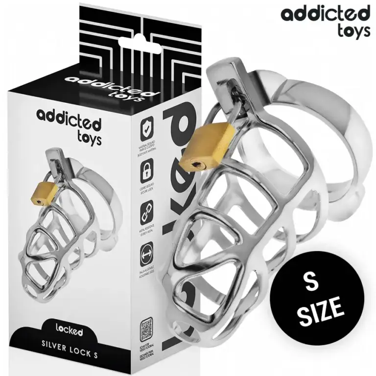 Addicted Toys Locked - Jaula para pene de metal Silver Lock Talla S