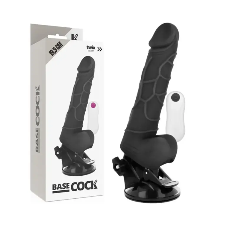 BASECOCK - Vibrador Realístico Control Remoto Negro con Testículos 19.5 cm