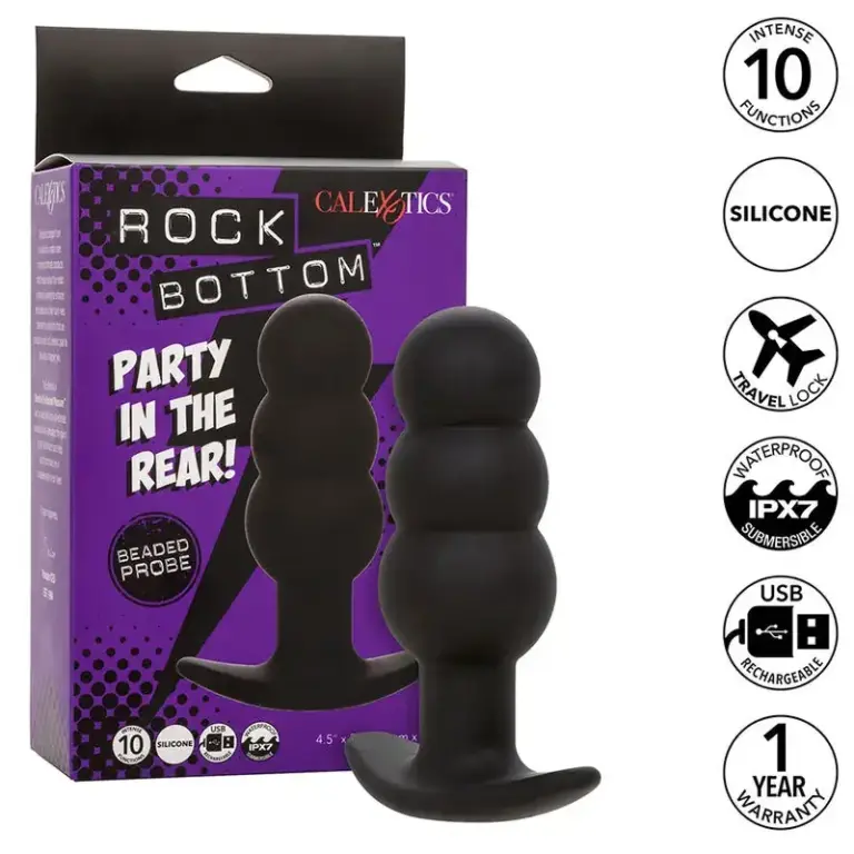 CALEXOTICS - Rock Bottom Plug Anal con Cuentas y 10 Vibraciones de Silicona Negra
