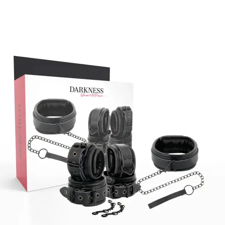 Darkness - Esposas y collar de cuero negro para juegos BDSM