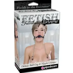 Fetish Fantasy Extreme - Mordaza Deluxe con Pinzas para Pezones y Cadenas