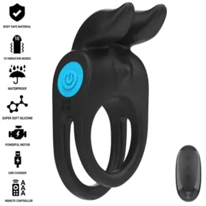 INTENSE - Anillo doble vibrador pene SAM con control remoto y 10 vibraciones en negro