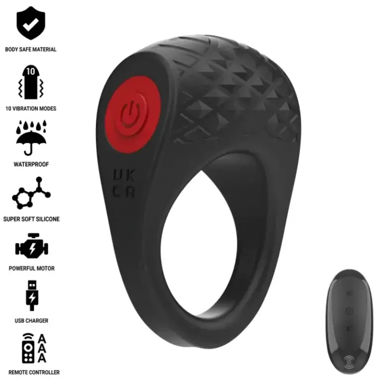 INTENSE - Anillo Vibrador Pene Clover Negro con Control Remoto y 10 Modos de Vibración