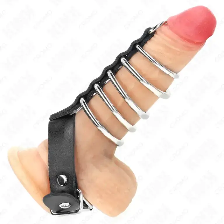 KINK - Anillo Pene Cuero Correa con Cerradura 21 x 2 cm y 5 Anillos Metal de 3 cm a 4 cm