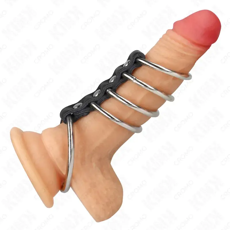 KINK - Anillos para el Pene de Metal y Cuero Conectados, Control y Placer