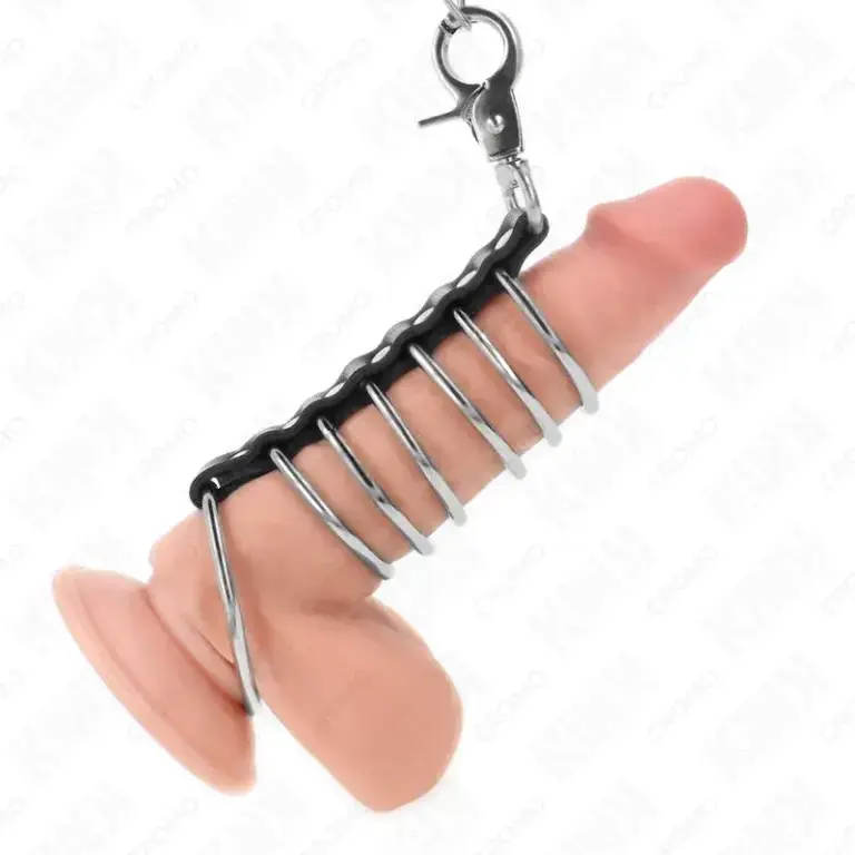 KINK - Anillos Pene Metal 3.8 cm a 5 cm con Polipiel y Cadena Metal 100 cm