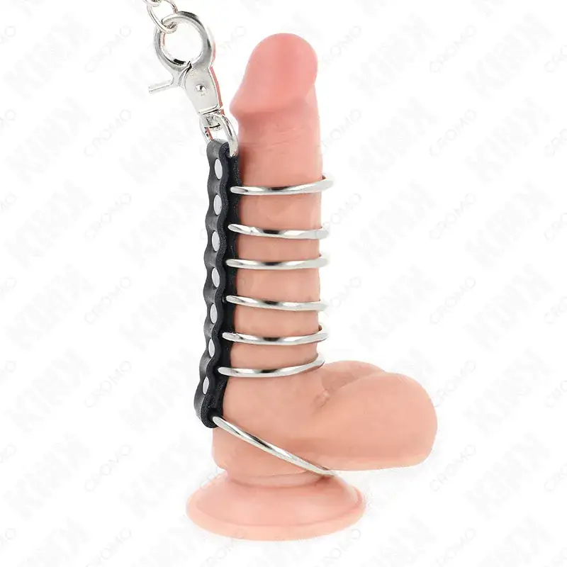 KINK - Anillos Pene Metal 3.8 cm a 5 cm con Polipiel y Cadena Metal 100 cm - Imagen 2