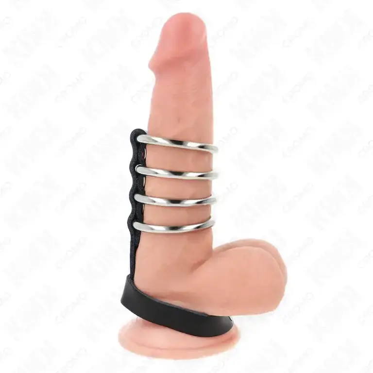 KINK - Anillos Pene Metal 3.8 cm Conectados con Correa de Cuero