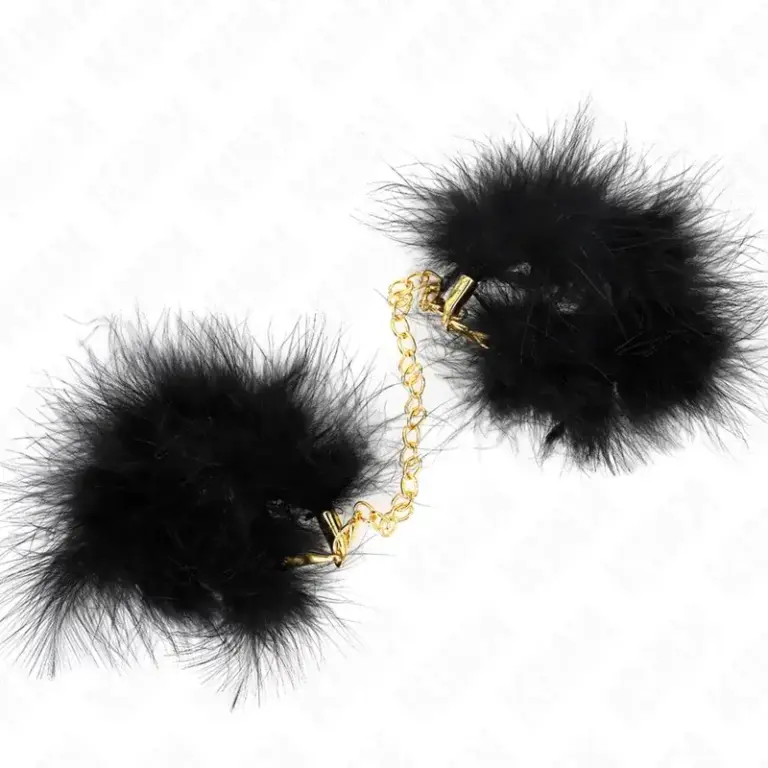 KINK - Esposas de Plumas Negro con Cadena Dorada Modelo 2