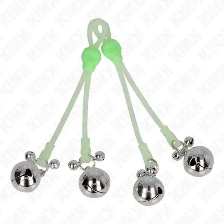 KINK - Pinzas para pezones luminosas forma calavera con cascabel sonoro ajustable verde/plateado