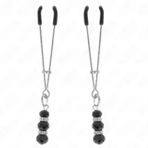 KINK - Pinzas para Pezones Plateada Fina con Triple Bola de Vidrio Negro 7 cm