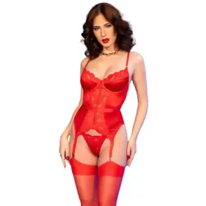 CHILIROSE - CR 4845 CORSET AND STOCKINGS RED L