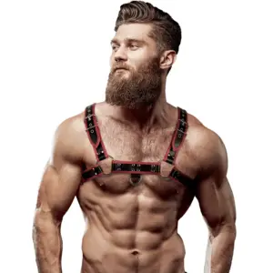 FETISH SUBMISSIVE ATTITUDE - MENS ECO-LEATHER CHEST HARNESS BLACK/RED