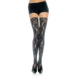 LEG AVENUE - Medias de Encaje Floral Premium con Cinta