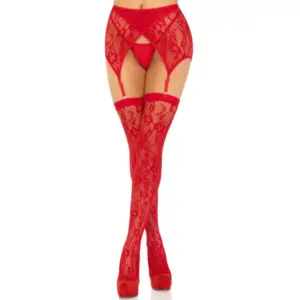 LEG AVENUE - LACE THIGH HIGHS & GARTERBELT RED Premium