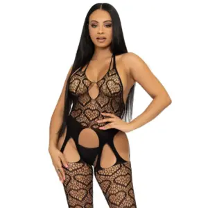 LEG AVENUE - Bodystocking de Red con Tirantes Premium en Negro