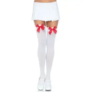 LEG AVENUE - NYLON THIGH HIGHS WITH BOW WHITE / RED