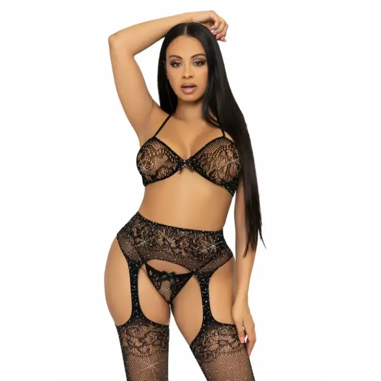 LEG AVENUE - Set Sujetador, Tanga y Medias Premium - Negro - vista principal