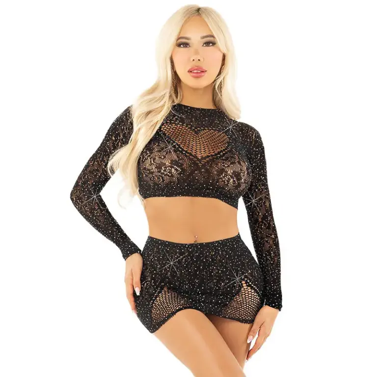 Leg Avenue - Shiny Net Crop + Mini Skirt Set Original Elegante