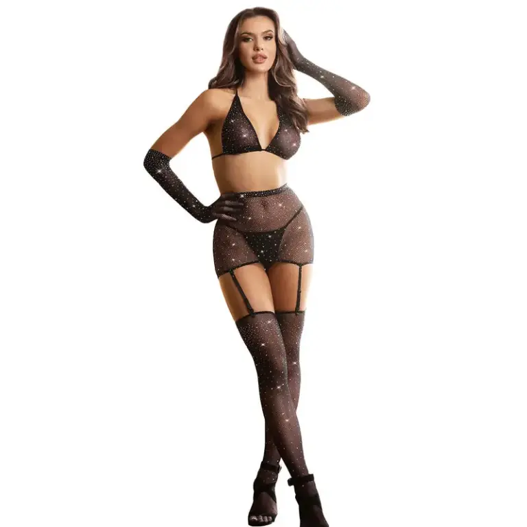 SUBBLIME - Bodystocking de Red con Guantes y Diamantes Negro - vista principal