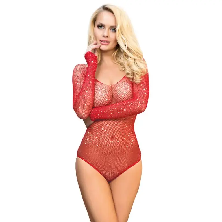 SUBBLIME - Bodysuit rojo brillante con mangas largas y hombros al aire, sexy y original
