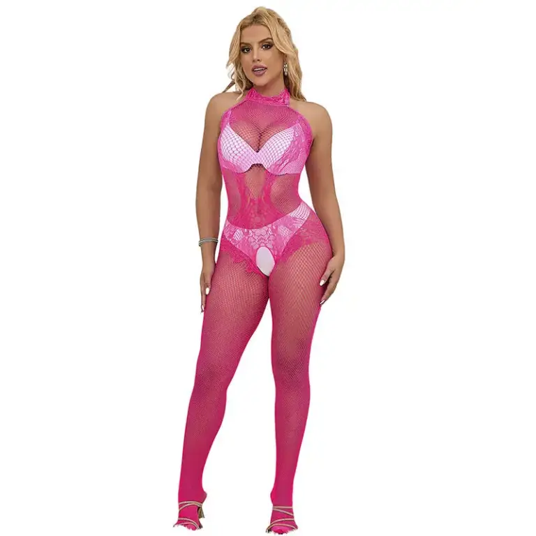 SUBBLIME - Bodystocking Crotchless de Encaje Rosa con Cuello Alto - vista principal