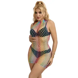 SUBBLIME - Rainbow High Neck Fishnet Dress One Size Premium