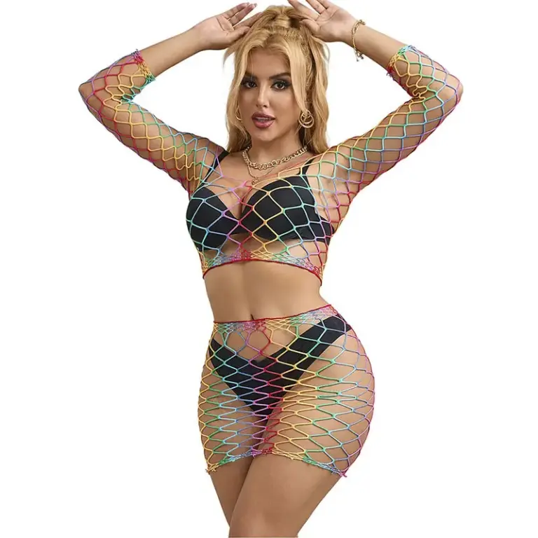 SUBBLIME - Set de Lencería Fishnet Rainbow Premium