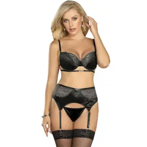 SUBBLIME - SET OF 3 PIECES BRA + THONG + LACE GARTER BLACK L/XL