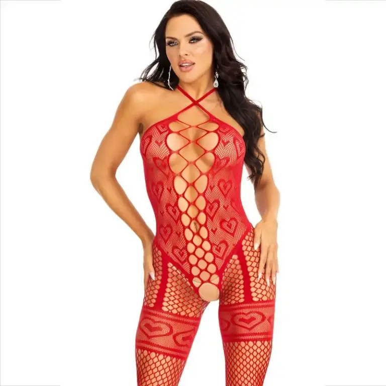 Leg Avenue Bodystocking Rojo de Corazones | Cuello halter, talla única