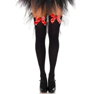 LEG AVENUE - Medias Nylon Negras con Lazo Rojo Premium